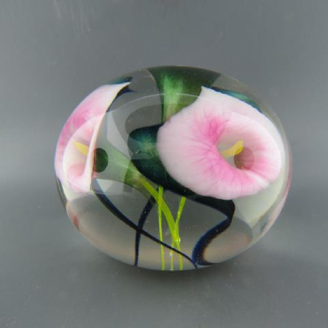 Lotton Art Glass Paperweight by Scott Baylers,: multi-flora, signed & dated 2001, 3" diameter, excellent....Scott Bayless began his career in art glass in 1996. His interest in glass developed at an early age with a visit to the Corning Glass Museu