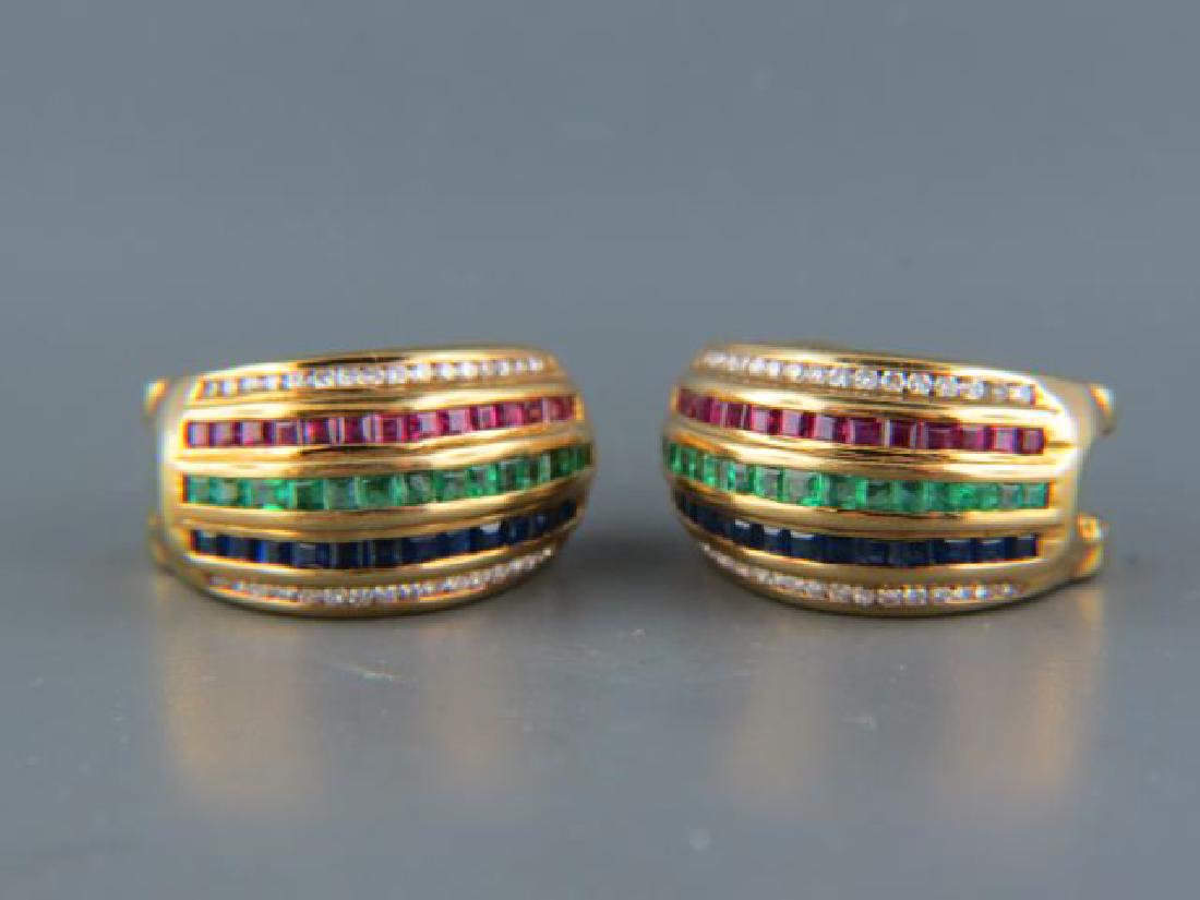 Diamond, Ruby, Sapphire, Emerald Earrings,: 18k gold, 68 round diamonds totaling .25 carat and 28 of each gemstone, 2.24 carats total, yellow gold, Omega clip huggie style, with appraisal of $3340.00, approx. 3/4" long