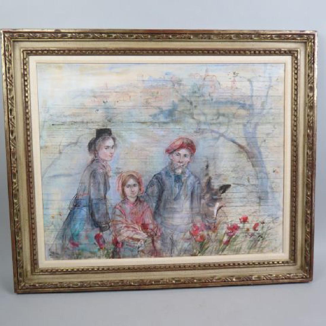Edna Hibel Plotkin, watercolor & pencil artwork,: family of farmers with donkey, 24" X 30", signed, silk on board, excellent.....Edna Hibel, a painter of sentimental pictures of children, has had a more than 60-year career as painter and lithographer