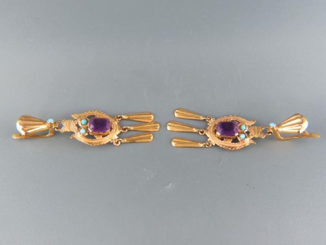 14k Gold, Turquoise & Amethyst Earrings,: fancy engraved with dangling parts, pierced clip, European hallmarks, 2" long, 6 grams