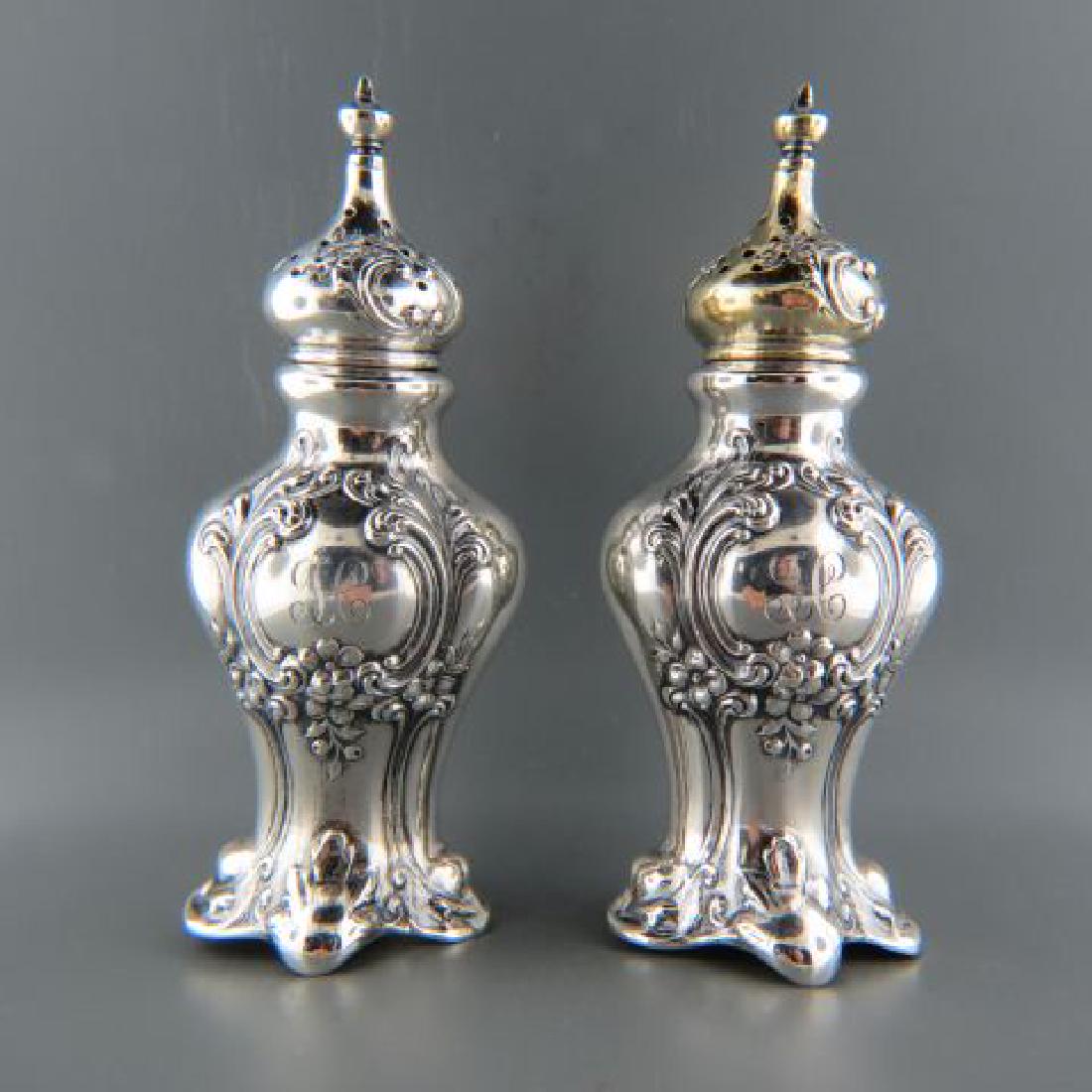 Gorham Chantilly Sterling Salt & Pepper Shakers,: #438, gold wash on salt shaker top, date mark of 1946, fancy monogram "JC" (?), Art Nouveau style bases, 4 1/2", 125 grams