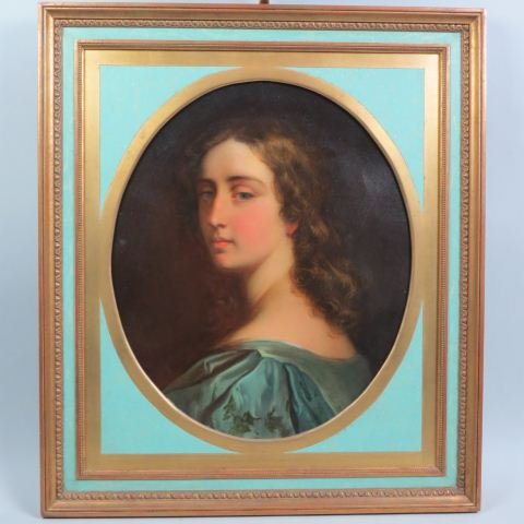19th Century Oil Painting Portrait of Young Woman,: on canvas, oval image area 20" x 18", in fine turquoise & gold frame
