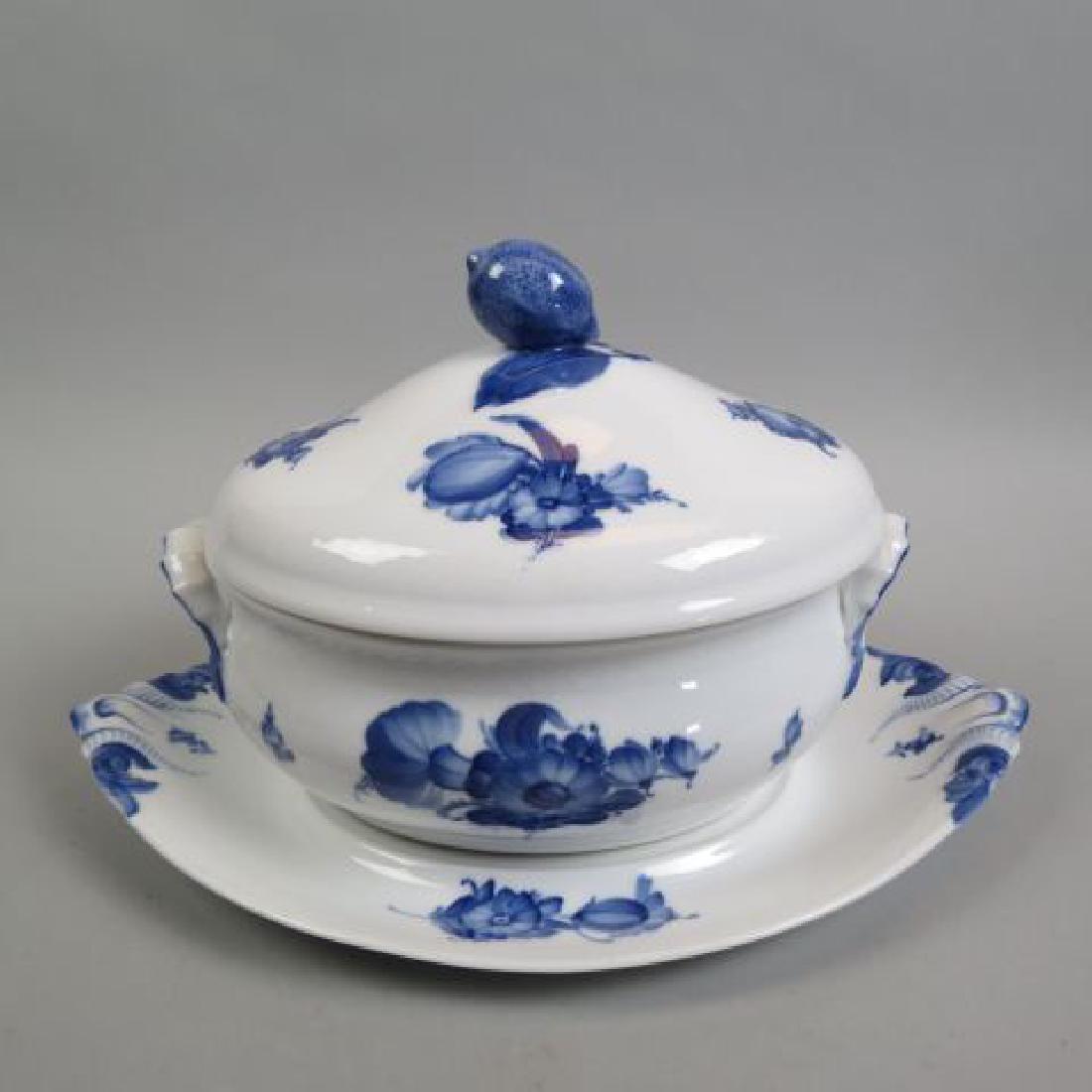 Royal Copenhagen Porcelain Tureen "Blue Flowers",: large, soup size, pattern #10/8134, floral sprays, lemon finial, handled, undertry is 11" X 17 1/2", excellent.