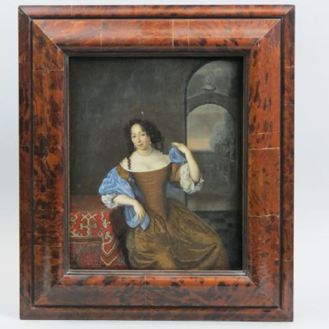 Early Oil Painting of Young Woman,: seated beside a table, on panel, 13 1/4" x 10 1/2", in fine frame