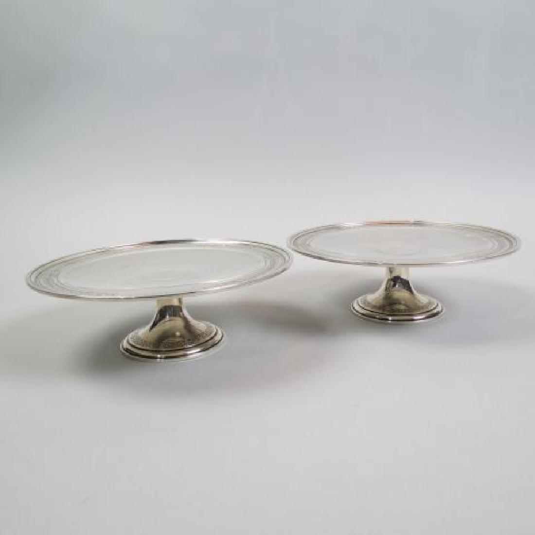 Pair of Tiffany Sterling Silver Dessert Stands,: Art Deco banded design, low pedestal, 8 1/2" diameter, 3" tall, monogram FMG, 880 grams