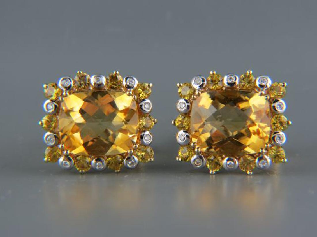 Citirine & Diamond 14k Earrings,: fancy cushion cut gems in vivid yellow, round gems & diamonds around, Omega pierced clip, approx 3/4"