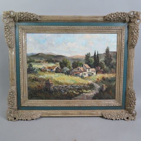 Pair of Andre Jourcin Oil Paintings, landscapes: of homes in the French countryside, on canvas, image area 18" X 24", in fine quality frames.