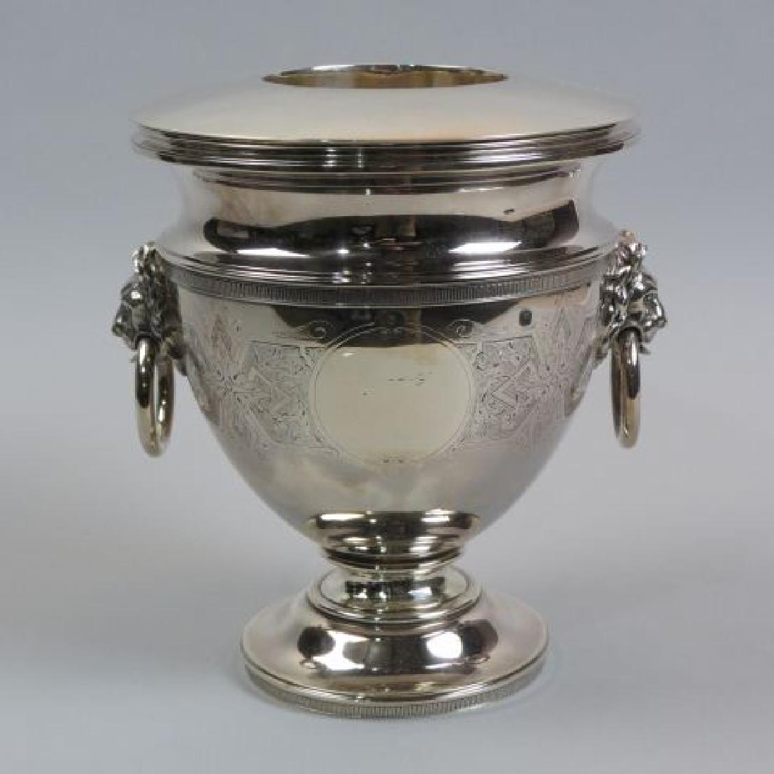 Rare Tiffany Sterling Silver Wine Cooler,: lion & ring handles, pedestal base, Greek key bands, lift-out insert, 2648 grams, excellent