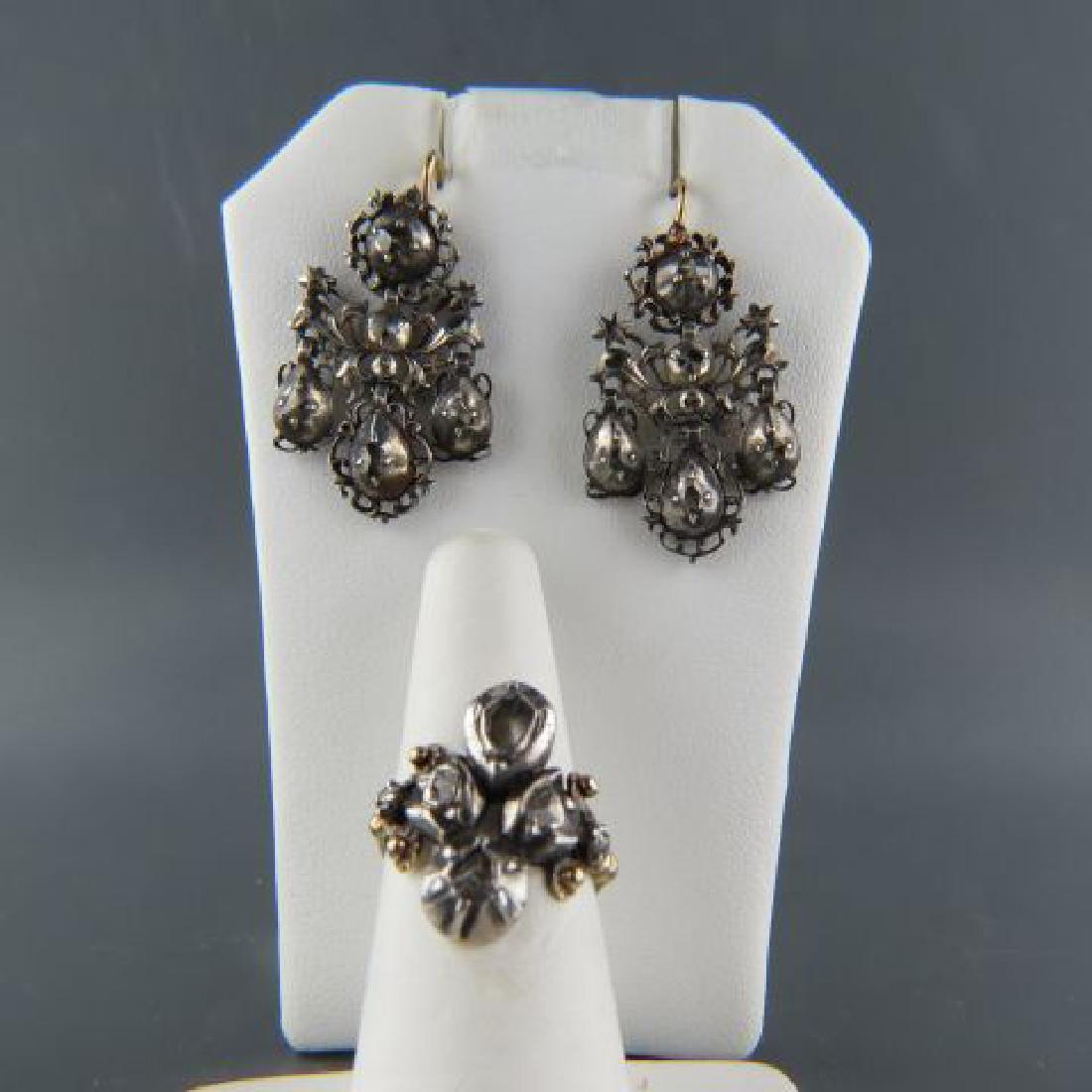 Georgian Style Diamond Earrings & Ring Suite,: early rose cut diamonds in dangling chandelier style earrings 1 1/2" long, wire style, together with a matching ring, currently size 6 3/4, silver top on gold settings, scarce