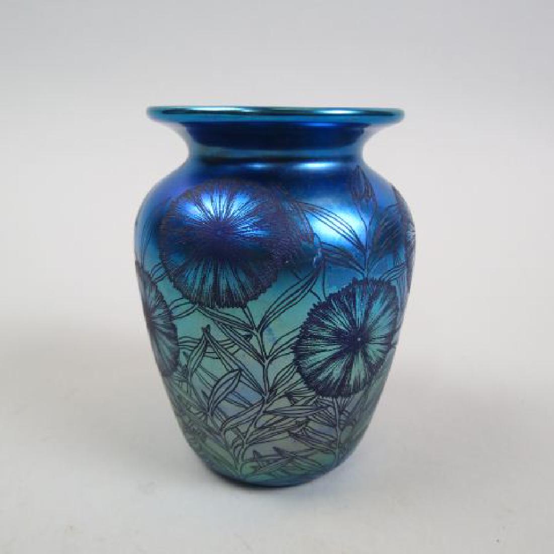 Orient & Flume Art Glass Vase,: engraved blue iridescence, with original papers, numbered, signed & dated 1982, 5" excellent