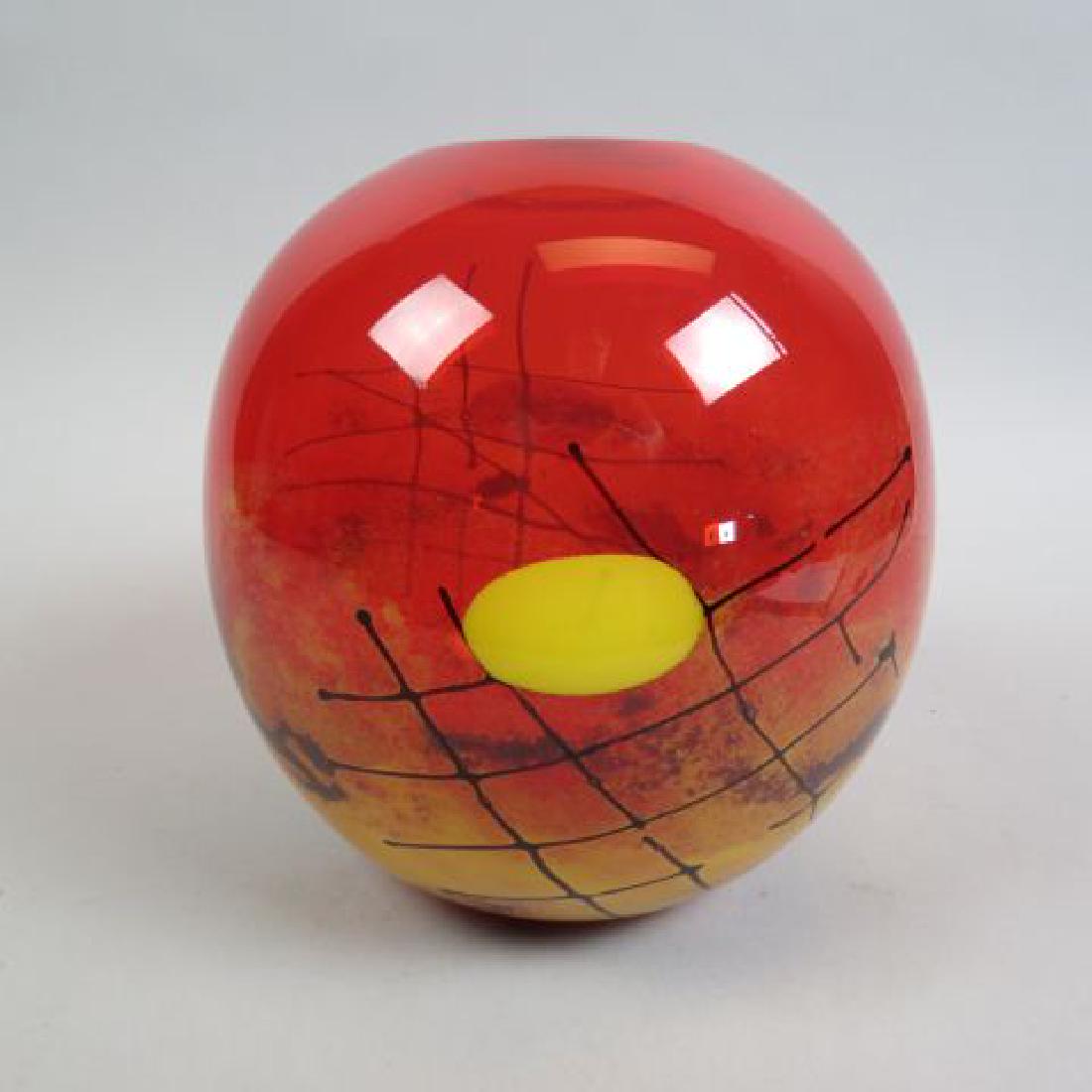 Studio Art Glass Vase,: interesting design, vivid red with mottled yellow & brown at base, 9" tall, 8" diameter, signed & dated 2007