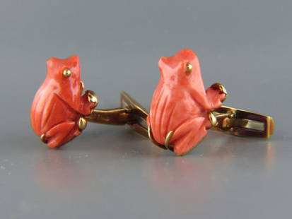 David Webb Carved Coral 18k Gold Frog Cufflinks,: in original box, signed, frog approx. 7/8", excellent....David Webb (1925-1975) was an American jeweler. On July 28, 1948, he founded David Webb, the company, which opened at 2 West 46th Street. Among