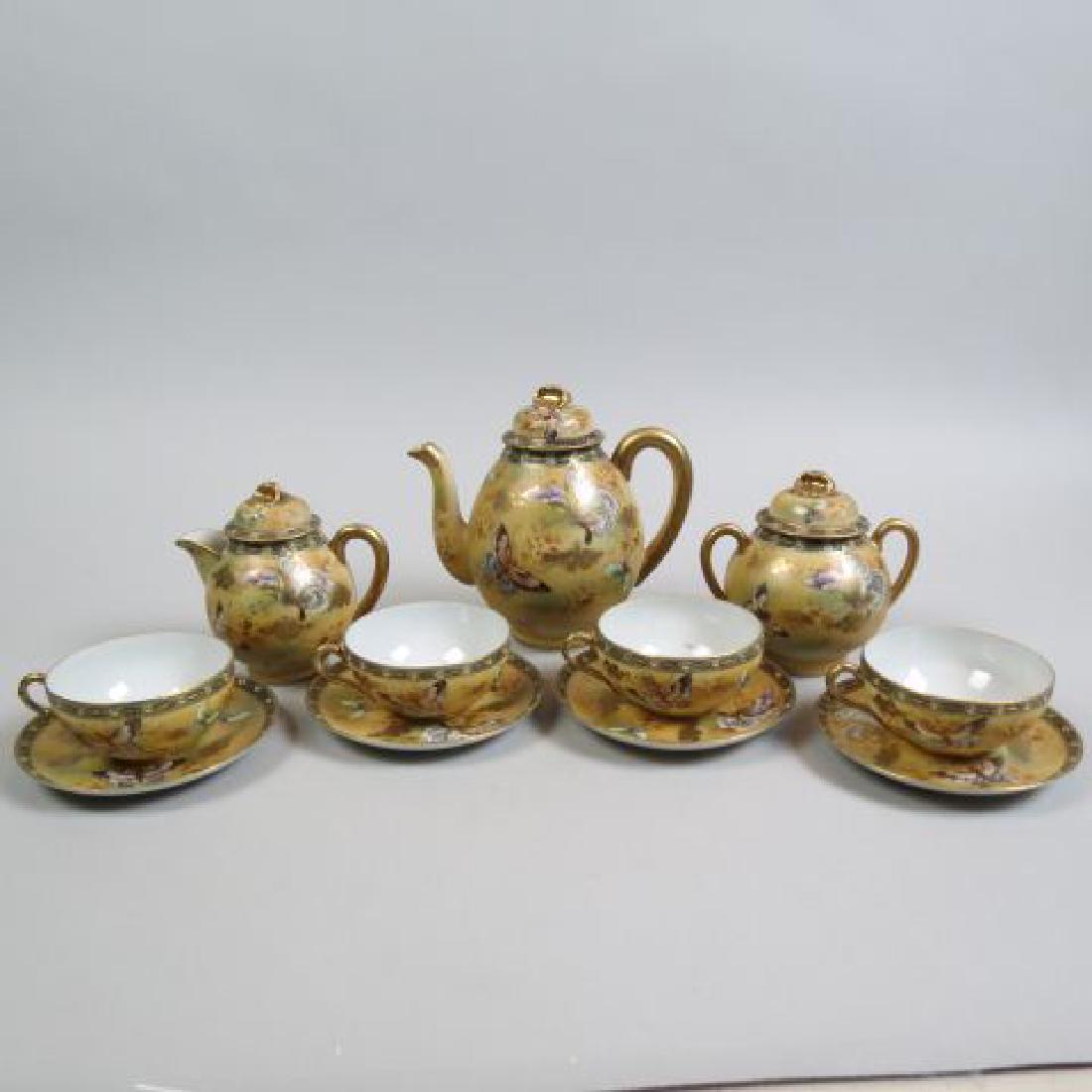11 pc. Handpainted Nippon Porcelain Tea Set: Japanese, fine butterfly & floral with gold trim, satin, includes teapot, creamer, sugar, 4 cups & saucers, signed, excellent