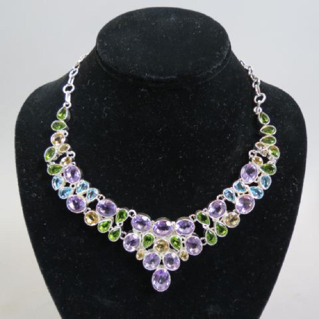 Amethyst, Peridot, Blue Topaz & Citrine Necklace,: over 200 carats of vivid gems in sterling silver, 19" to 20" long, 84 grams, stunning!