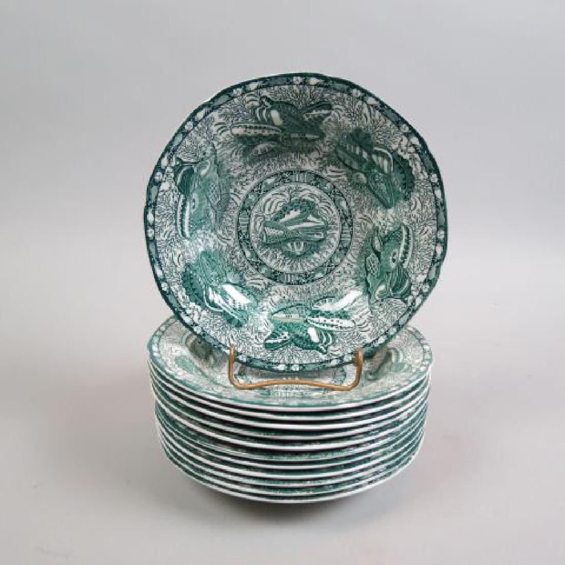 12 Mottahedeh "Torquay" Soup Bowls,: green copy of 1820 Staffordshire in Winterthur, 8 1/4", excellent
