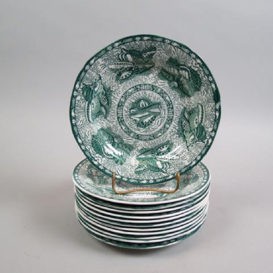 12 Mottahedeh "Torquay" Plates,: green copy of 1820 Staffordshire in Winterthur, 8 1/4", excellent