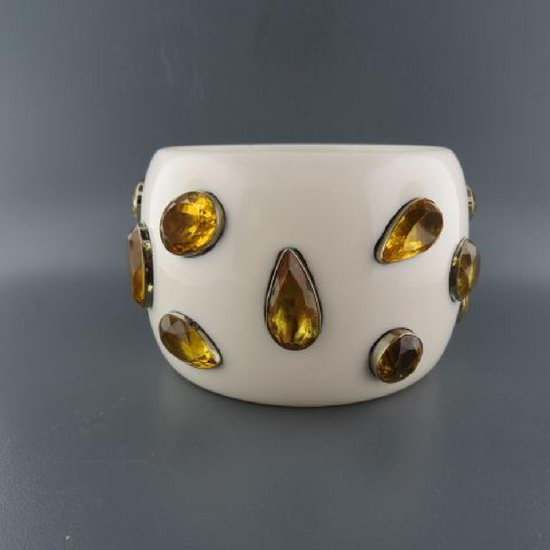 Lemon Quartz Artisan Bangle Bracelet,: vivid gems in a variety of shapes, sterling bezels in ivory color resin bangle, 2 5/8" opening, 2" wide