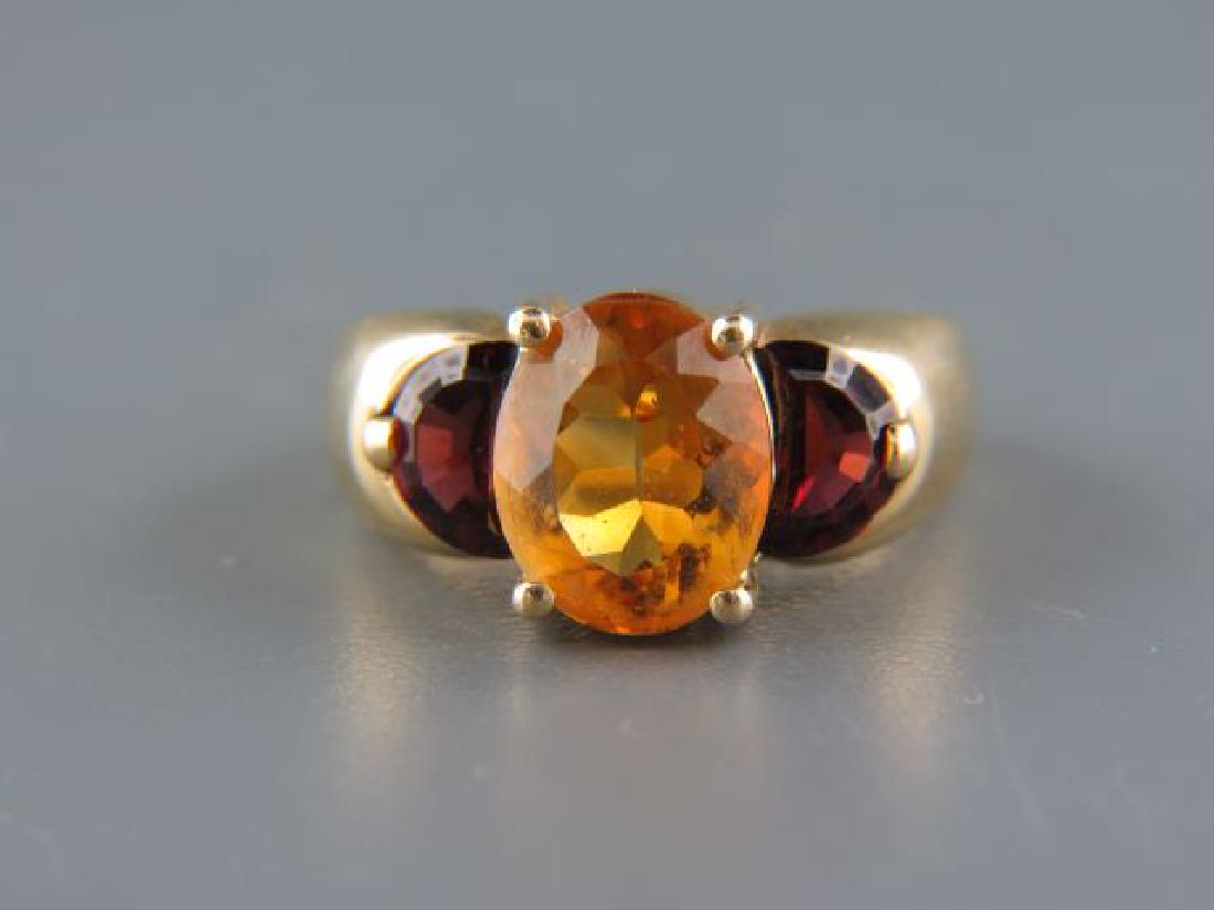 Citrine & Garnet 14k Gold Ring,: oval 2 carat gem with rich crescent moon shape garnets on each side in heavy 14k yellow gold, currently size 7