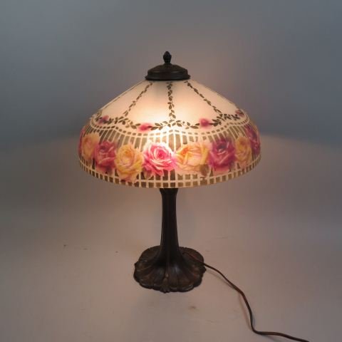 Antique Reverse Painted Table Lamp,: attributed to Pittsburgh Lamp Company, 16\" rose and picket fence Art Deco style shade, exterior Teroma style texture, bronze base, 21\" tall, excellent, just rewired.