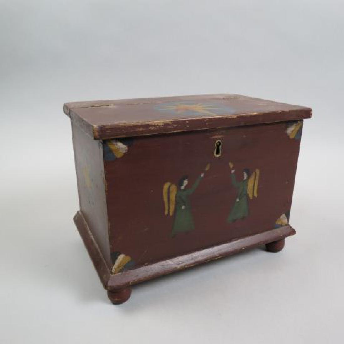 Hand Painted Miniature Blanket Chest or Dowry Box,: angel, star & fan decoration, footed, locking, 11 1/2" x 7 3/4", 8 3/4" tall