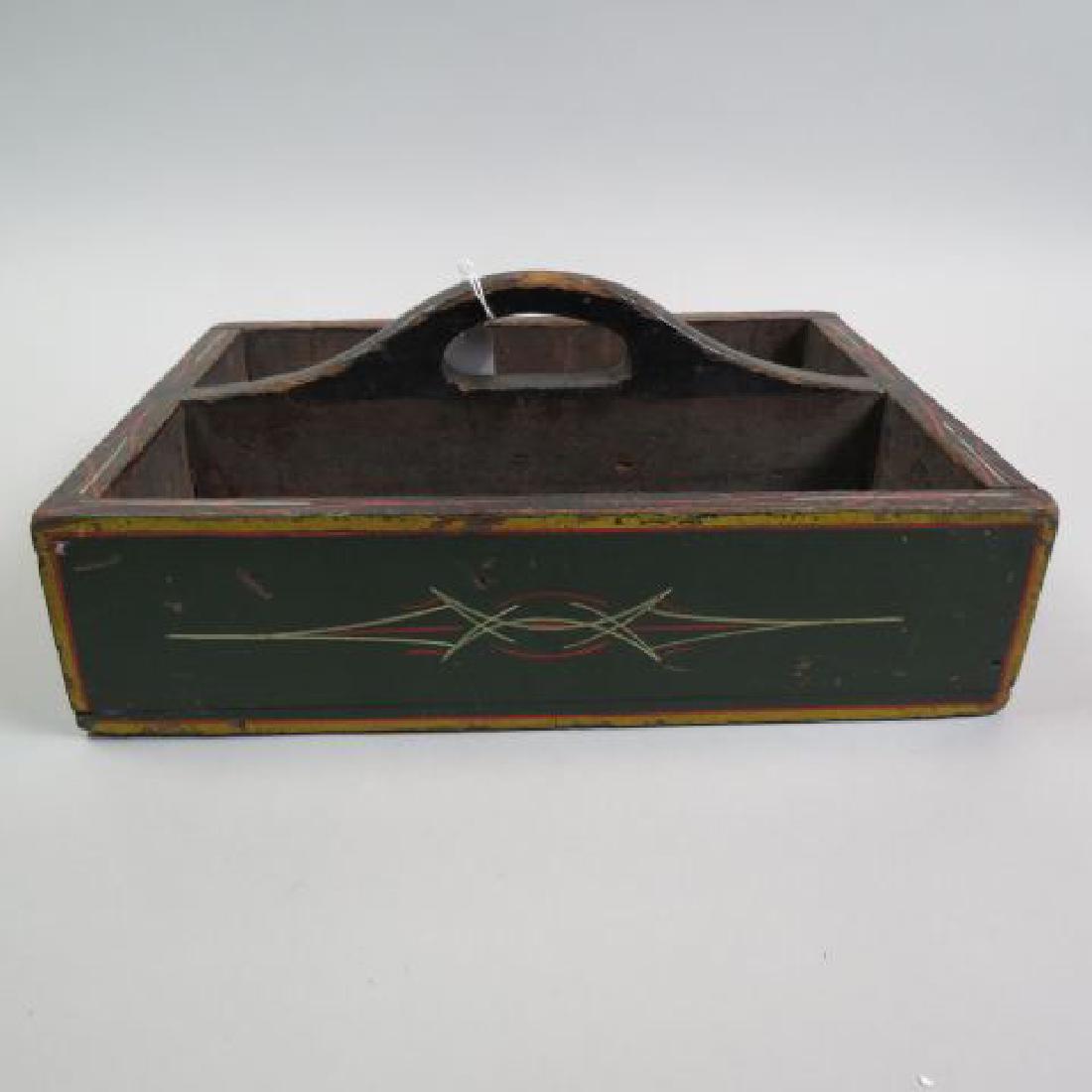 Early Painted Wooden Utensil Box,: center handle, divided, 11" x 13 1/2"