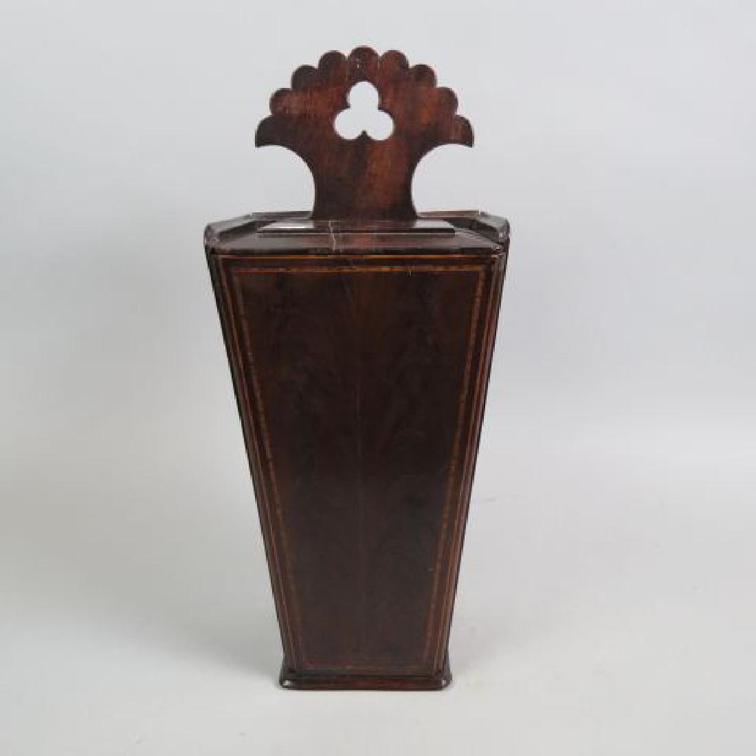 Early Wooden Candle Box,: wall mount style, inlaid & carved, slide open top, 19 1/2" long, scarce