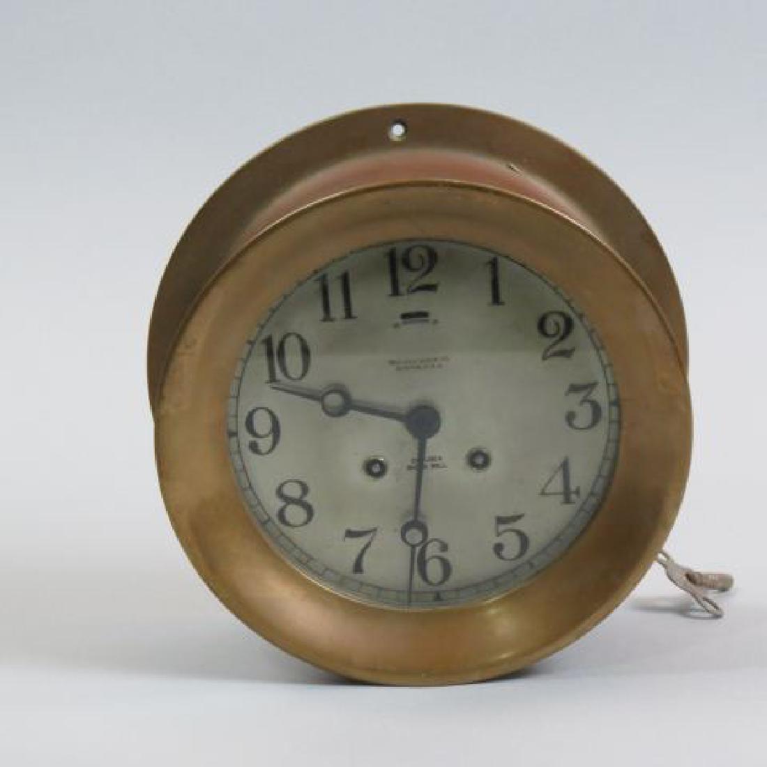 Chelsea Ship's Bell Clock,: brass case, 6 1/4" dial, 8 1/2" diameter, key wind, working, pat'd 1901.