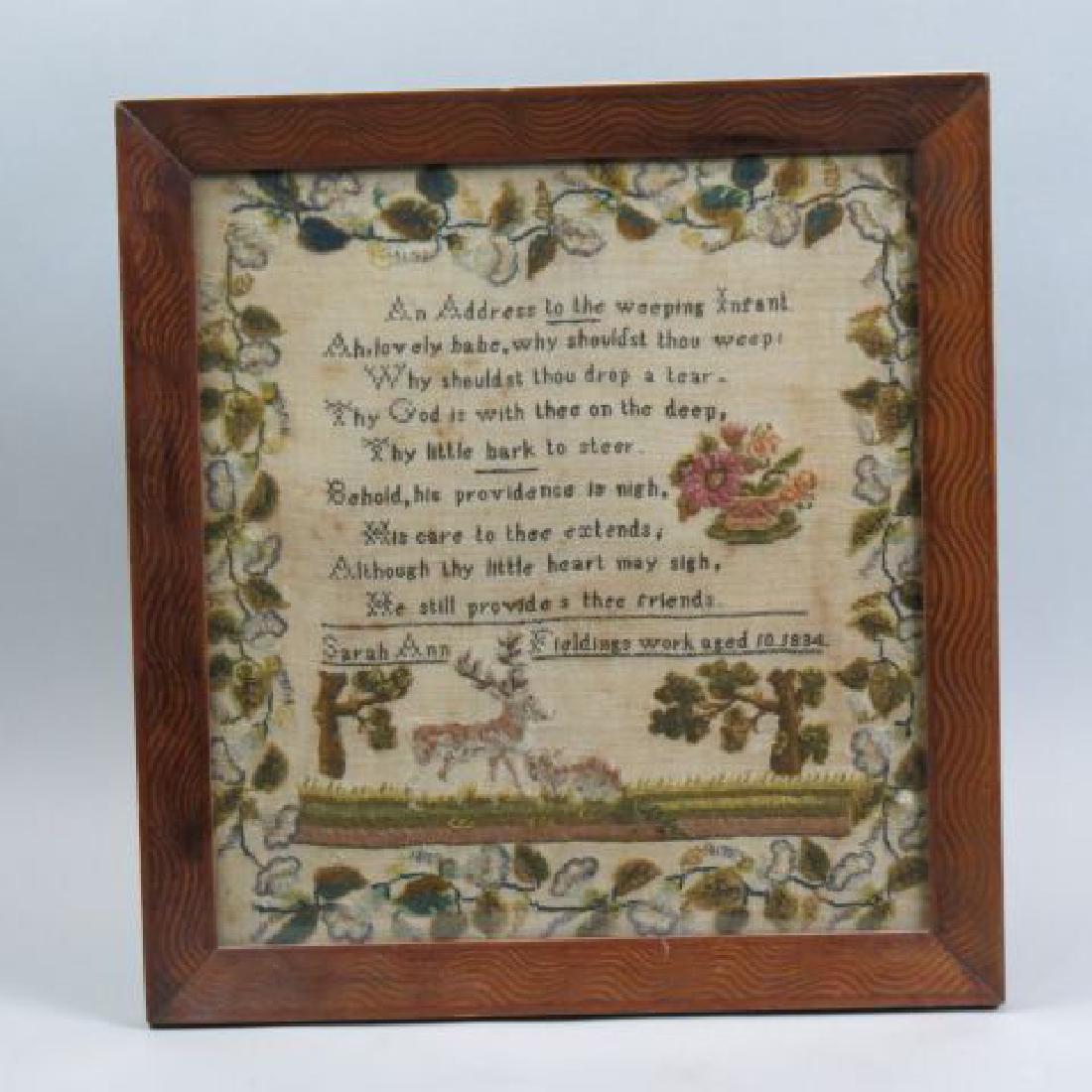 1834 Sampler by Sarah Ann Fieldings, Age 10,: pictoral & verse, includes basket of flowers, decor & fancy vine, 15" x 16"