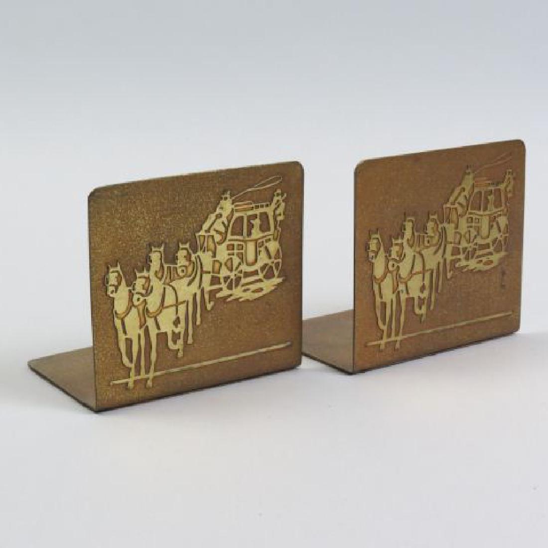 Arts & Crafts Bronze Bookends by SilverCrest,: coach with for horse team, 5 1/4" x 5 1/2", circa 1910