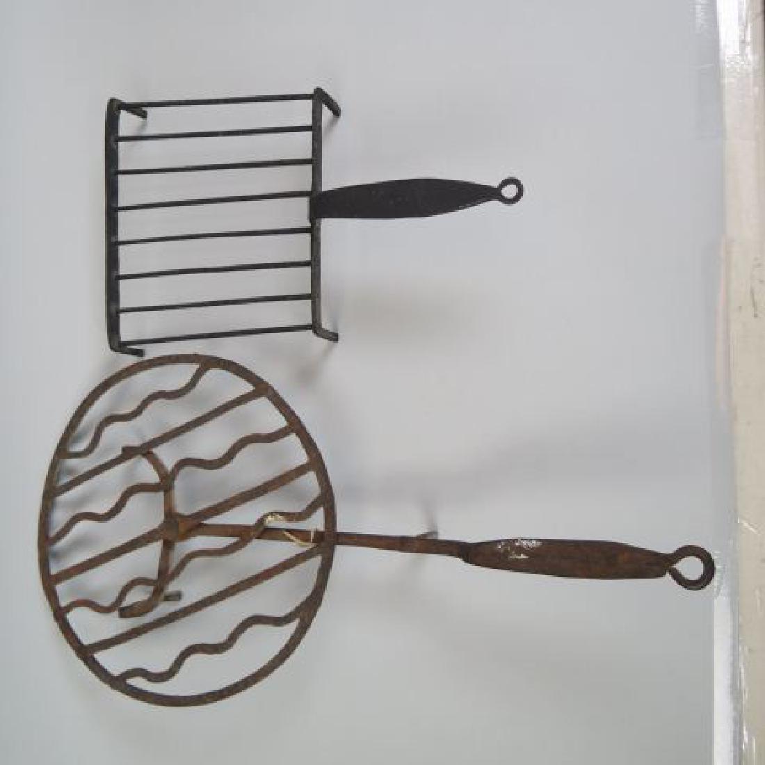 2 Early Wrought Iron Fireplace Cooking Implements,: footed, square wire grill & rotating piece