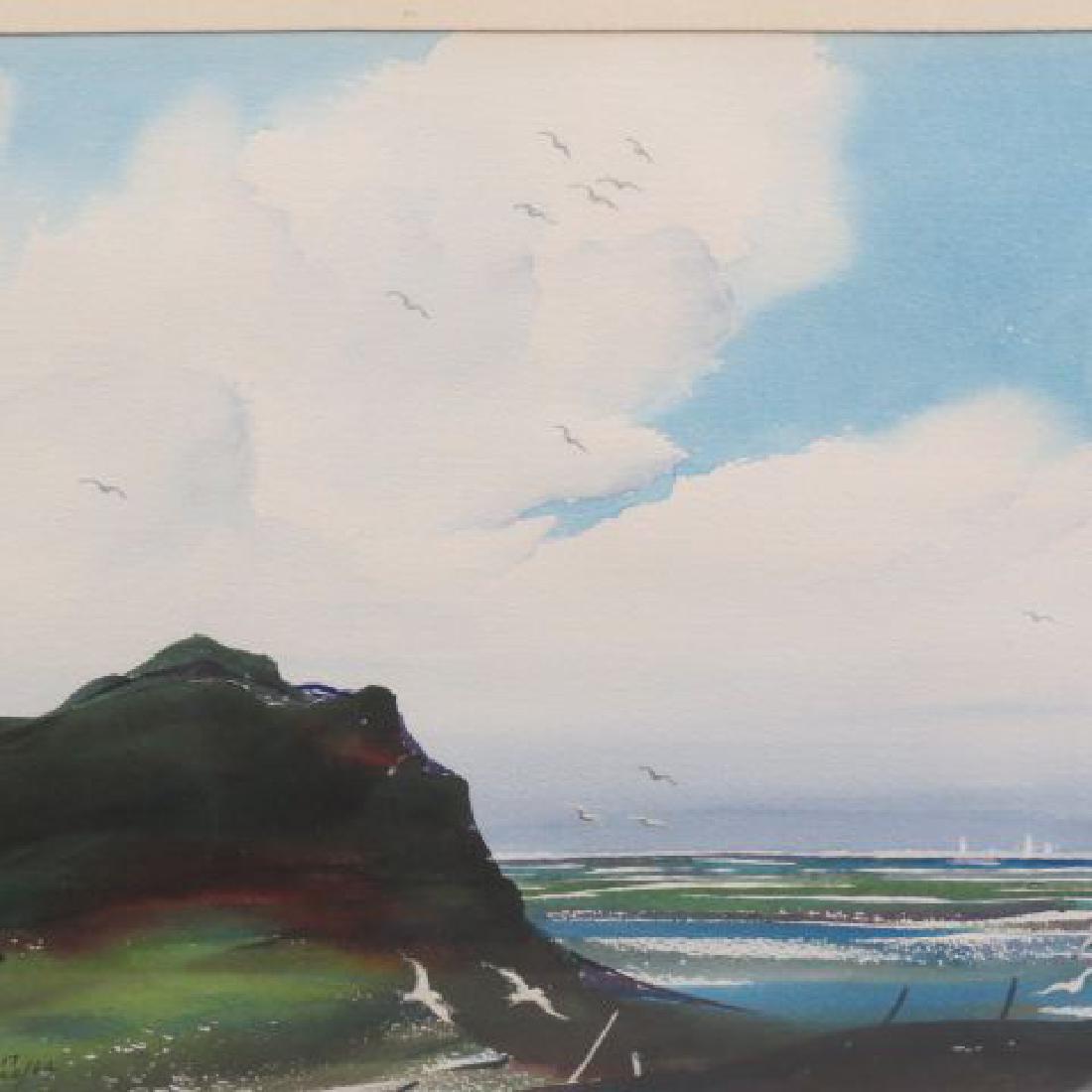 Ivan Wilson Watercolor "Silence Aboard,": shoreline, gulls in flight, boats in distance, image area 11" x 15", listed Kentucky artist born 1889, this one signed and dated 10/26/1964