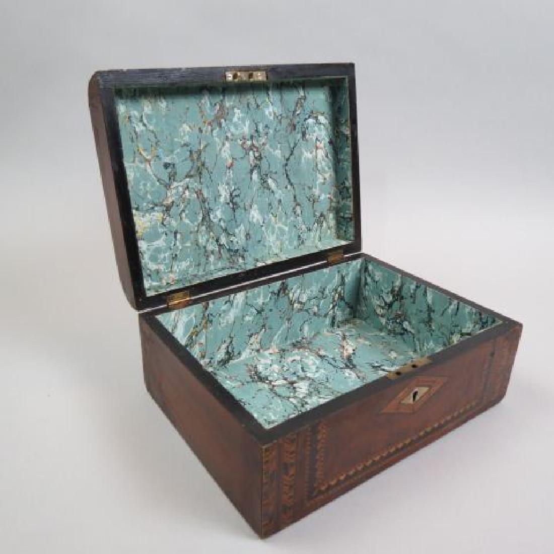 Inlaid Wooden Document Box,: ornate bands of inlay, burl with abalone trim, locking, waterfall front, 9" x 12", 5" deep
