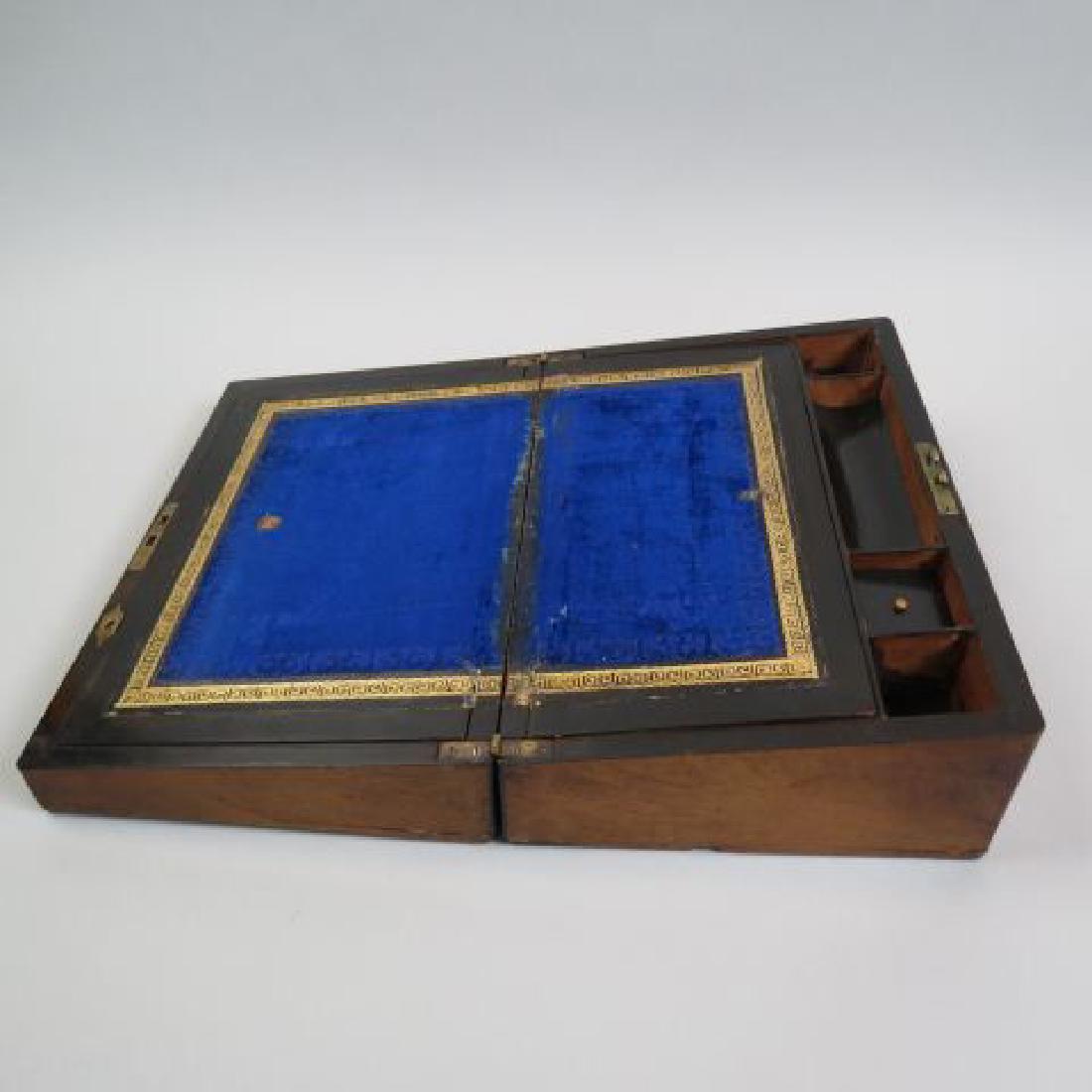 19th Century Travel or Lap Desk,: fine inlay, inner compartments & writing surface, locking, 9" x 14", 6" tall