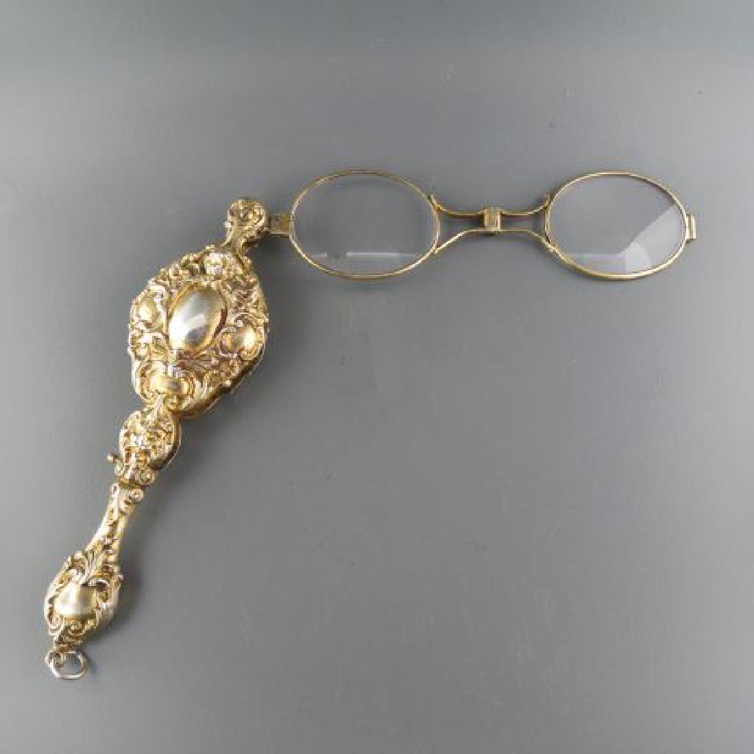Victorian Sterling Silver Lorgnette,: fancy rococo & face designs, gold wash, 4 1/2", working