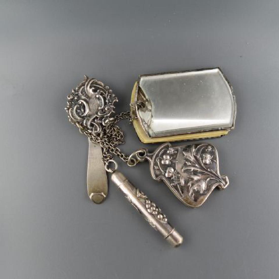 French Victorian Silver Chatelaine,: clip with dance cards & pencil, circa 1880, hallmarked