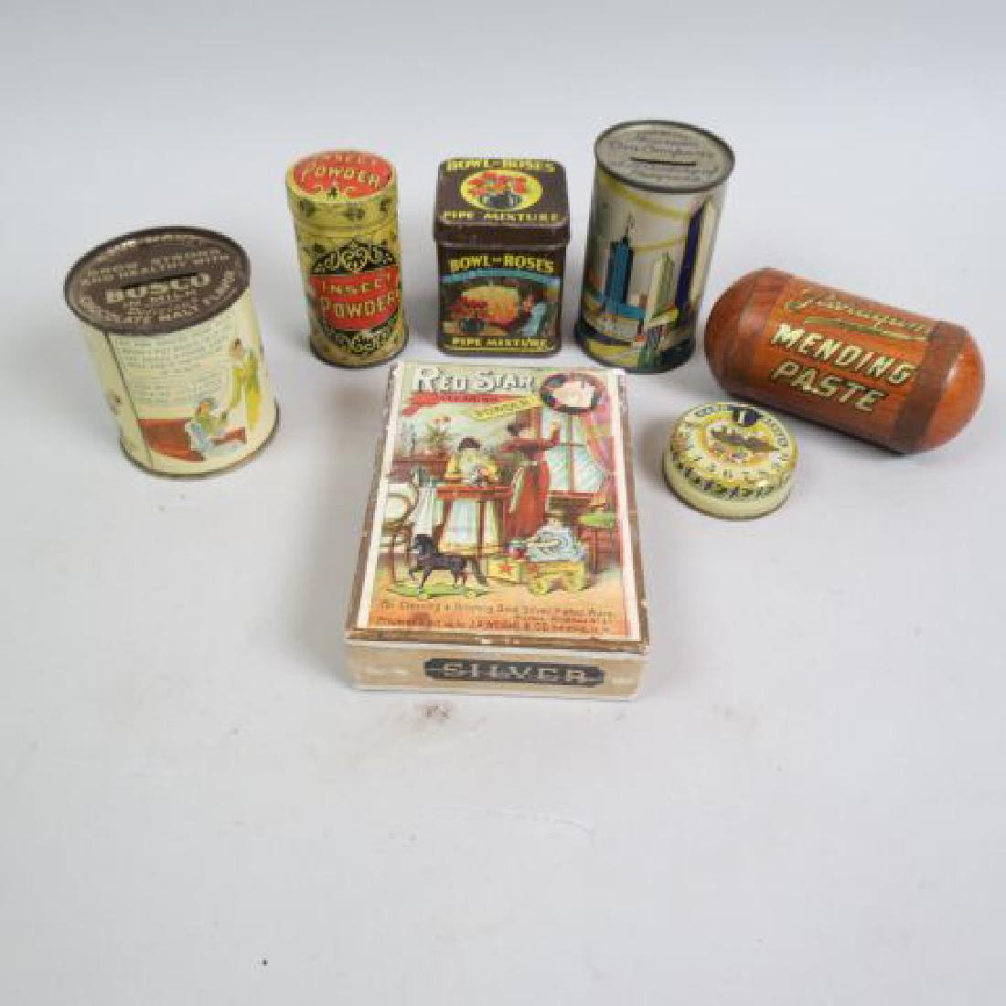 Advertising & Tin Bank Lot,: Bosco Milk & Chicago World's Fair banks, Victorian silver powder box and various tins
