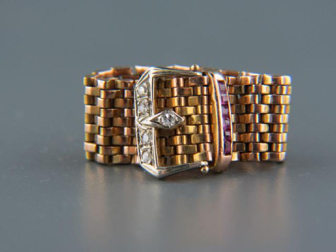 14k Gold "Retro" Ruby & Diamond Mesh Band Ring,: woven rose gold with 6 square cut rubies and 5 round diamonds, 3/8" wide, size 8