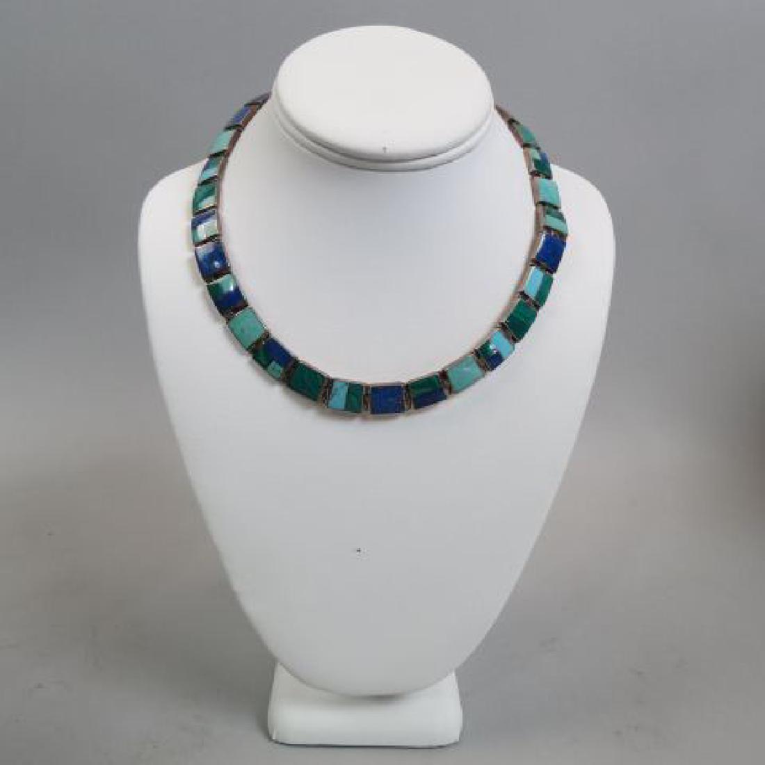 Lapis, Malachite & Turquoise Sterling Necklace,: by A. Cleoni, curved squares, 16 1/2", signed, 56 grams