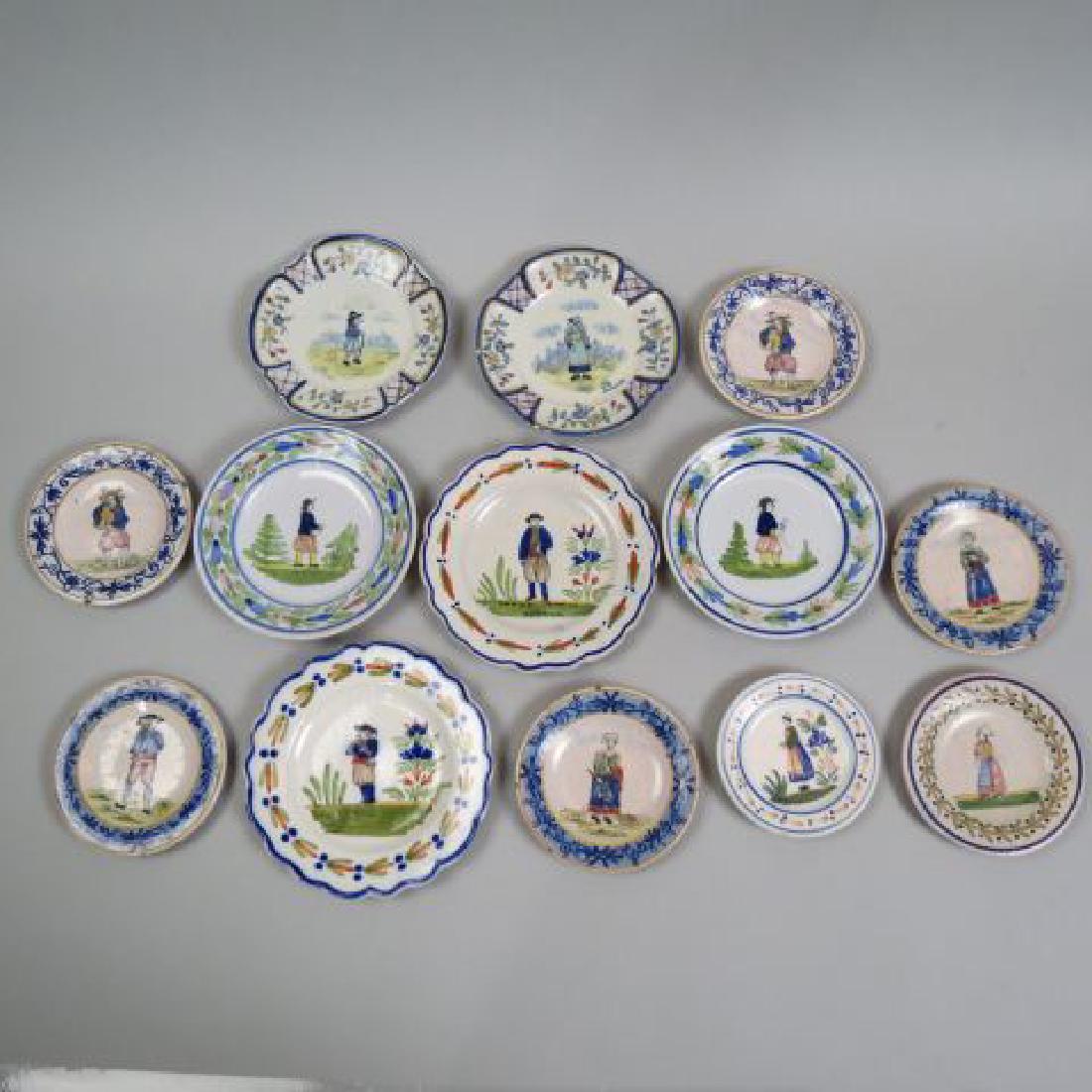 13 Quimper French Pottery Plates,: peasant farmers & florals, 4" to 6 1/2"...Quimper pottery has a long history. Tin-glazed, hand-painted pottery has been made in Quimper, France, since the late seventeenth century. The earliest firm, 