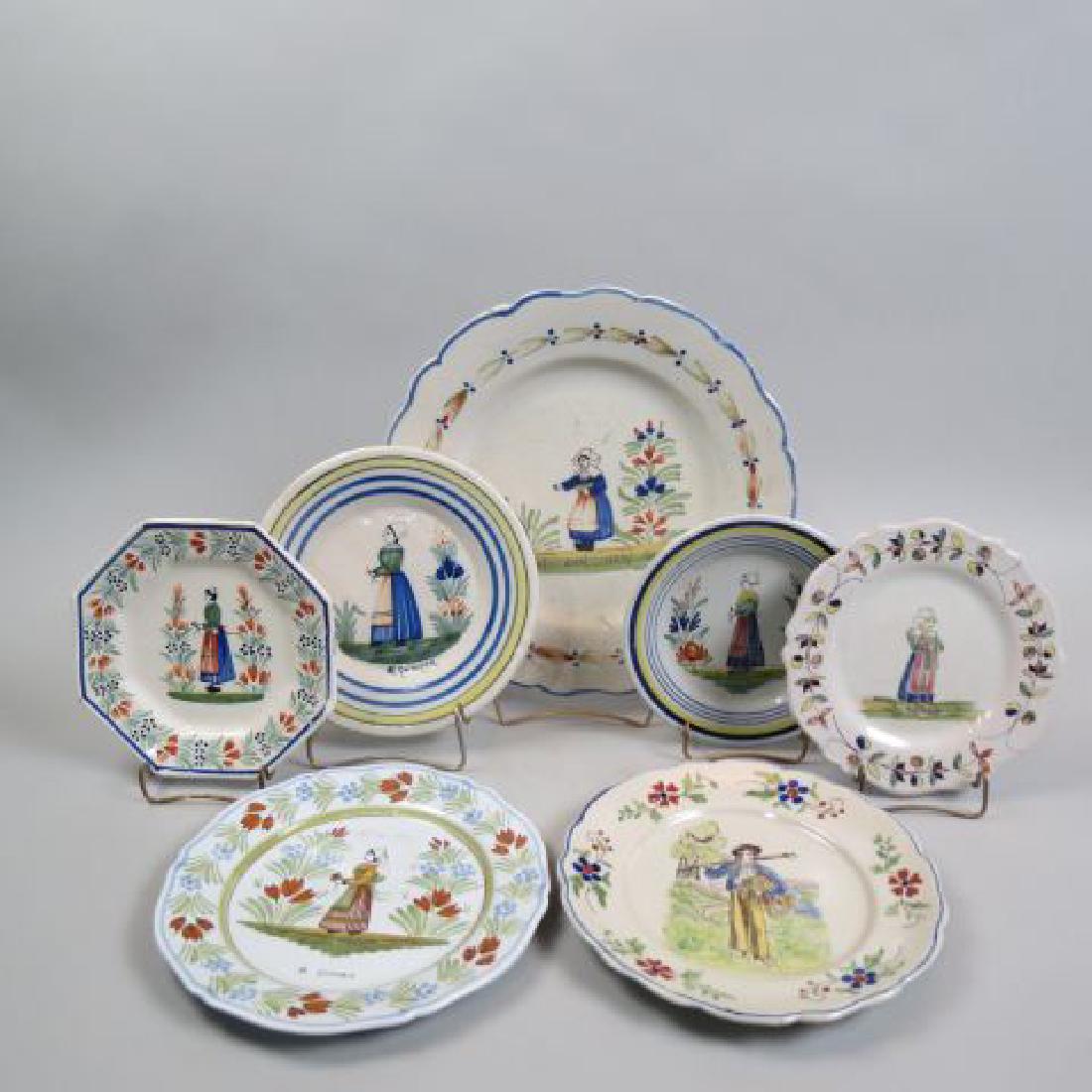 7 pc. Quimper & Other French Pottery,: 13" round platter and 6 various plates, 7 1/2" to 9 1/2"...Quimper pottery has a long history. Tin-glazed, hand-painted pottery has been made in Quimper, France, since the late seventeenth century. Th