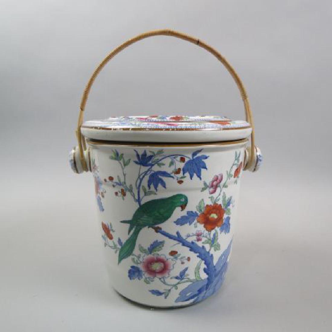 Booth's Ironstone Water Bucket or "Slope Jar,": bird & floral, 11 1/2" plus wooden sxwing handle, circa 1900