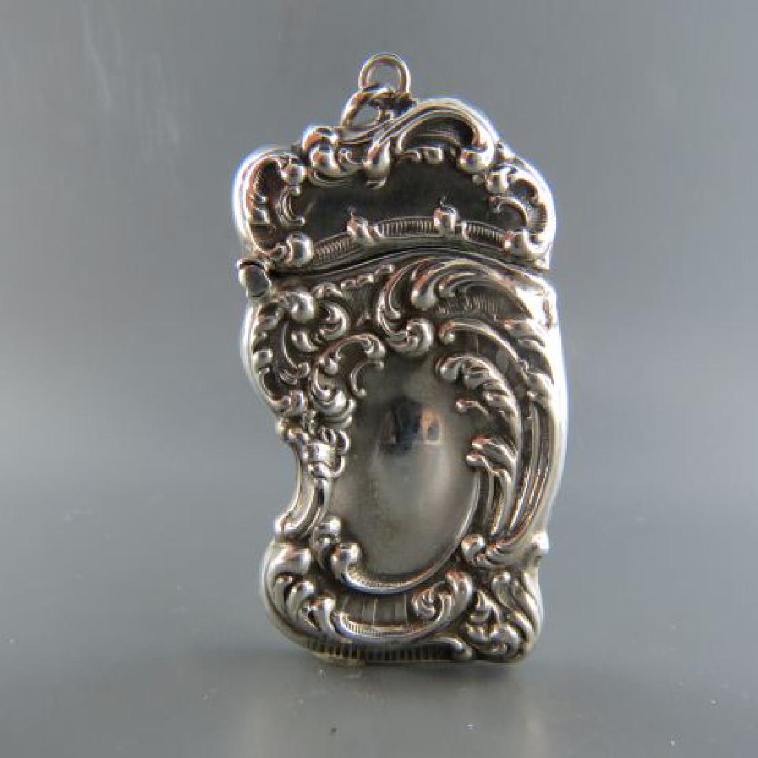 Unger Brothers Sterling Silver Match Safe,: Art Nouveauj design, no monogram, watch chain or chatelaine loop on top, 2 5/8" x 1 1/2", circa 1890