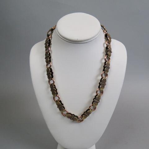 Victorian 14K Gold Necklace Etruscan Style,: bars and links in yellow and rose gold, later non-gold clasp, 21" long, 38 grams.