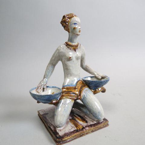 Gudrun Baudisch for Wiener Werkstatte Figure,: glazed ceramic knelling female nude with bowls, Art Deco, 1925-1930, 6 3/4" tall, excellent......Gudrun Baudisch was born in Pöls in Styria in 1907. After studying sculpture and ceramics at the Schoo