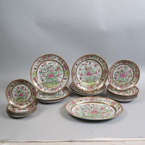 20 pcs. Chinese Export Rose Medallion Porcelain,: includes 6 plates (6 1/4"), 6 dishes (7 3/4"), 3 shallow bowls (9 1/2"), 4 plates (9 1/2") and an oval platter (9 1/2" X 12 1/2").