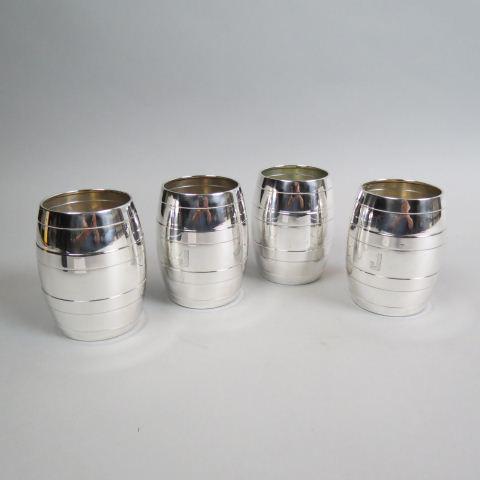 4 Gorham Sterling "Barrel" Mint Julep Cups,: designed by JJM, retailed by K. Brown Jewelers of Kentucky, date mark of 1945, last year jeweler was in business, 3 7/8" tall, 472 grams, monogram "J", scarce.