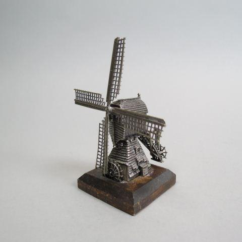 Dutch Silver Miniature Mechanical Windmill,: with waterwheel, hallmarked, circa 1900, 3 1/4" plus wooden base.