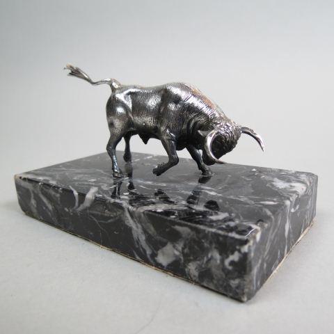 Sterling Silver Miniature of a Bull,: 4" long, 2" tall plus marble base, unmarked, testing .800 to .925 fine, great gift for a Wall Street person!