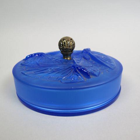 Verlys French Art Glass Dresser Box,: Art Deco raised butterflies, rich blue satin, ormolu center knob, 7" diameter, signed, excellent.....Verlys glass was made in Rouen, France, by the Société Holophane Français, a company that starte