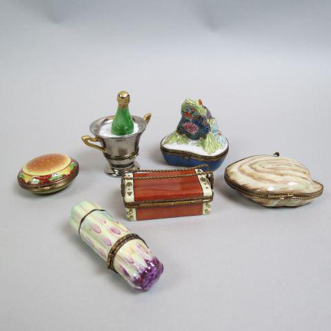 6 Figural Limoges Porcelain Dresser Boxes,: includes oyster, asparagus, frog, champagne, hamburger and a truck with shoes inside, excellent.